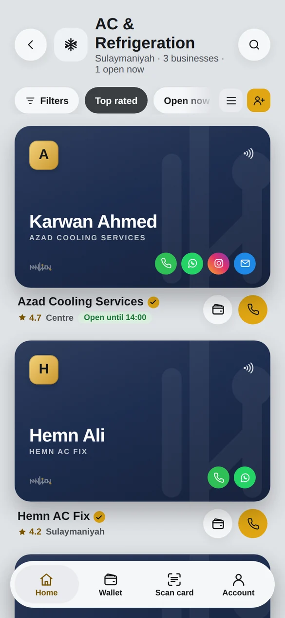Results shown as business cards